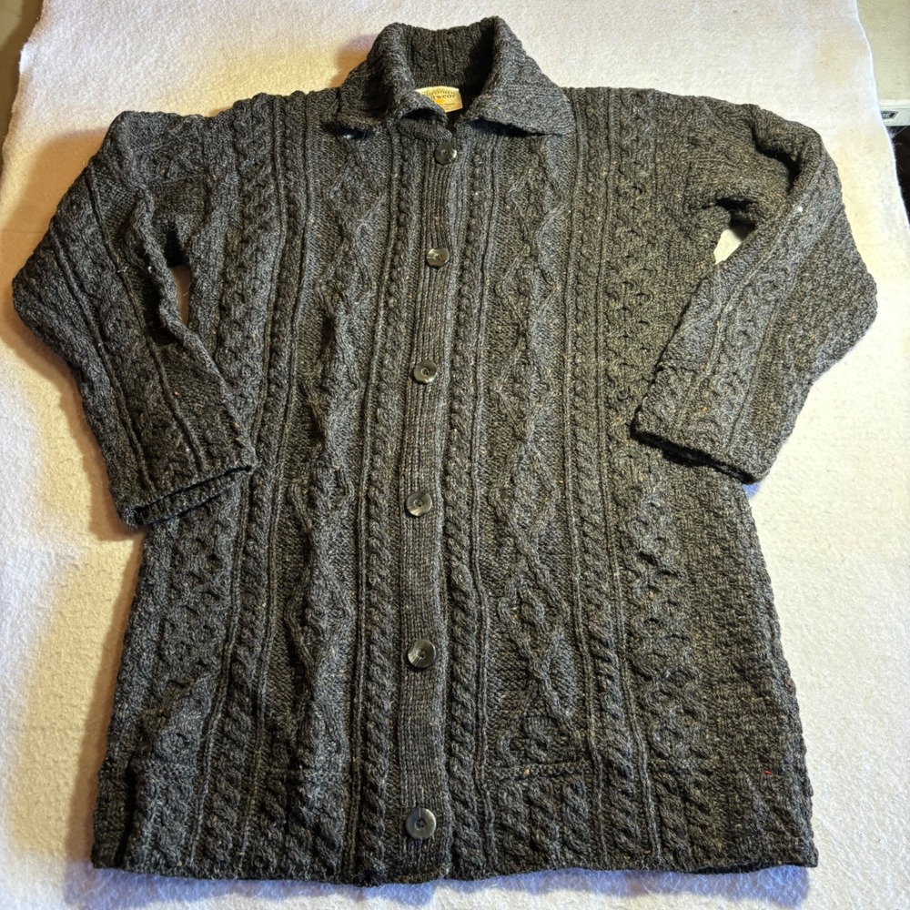 Kilronan Knitwear Womens Gray Cable Knit Wool Blend M‎ Cardigan Sweater Ireland